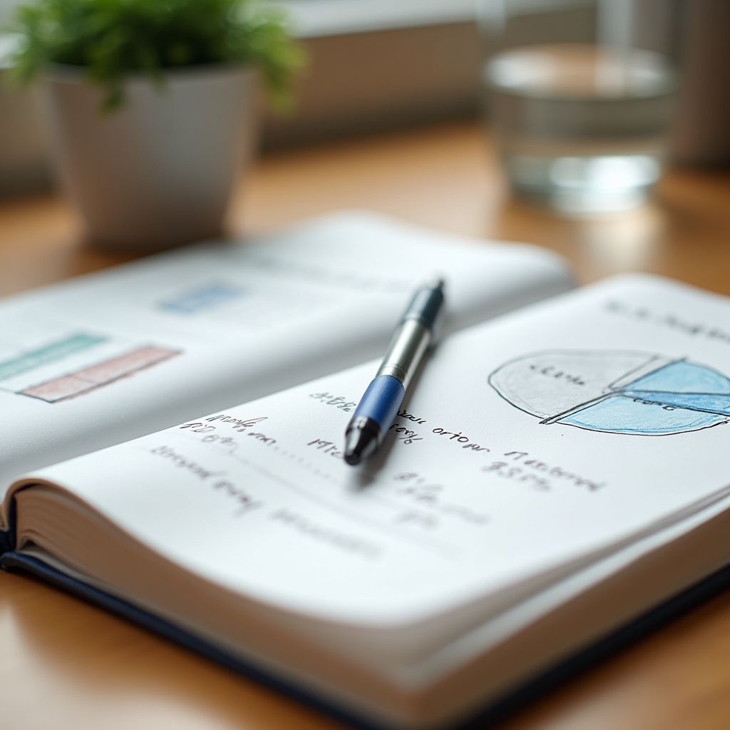 Open notebook with hand-drawn budget charts and financial planning notes on a wooden desk with warm lighting