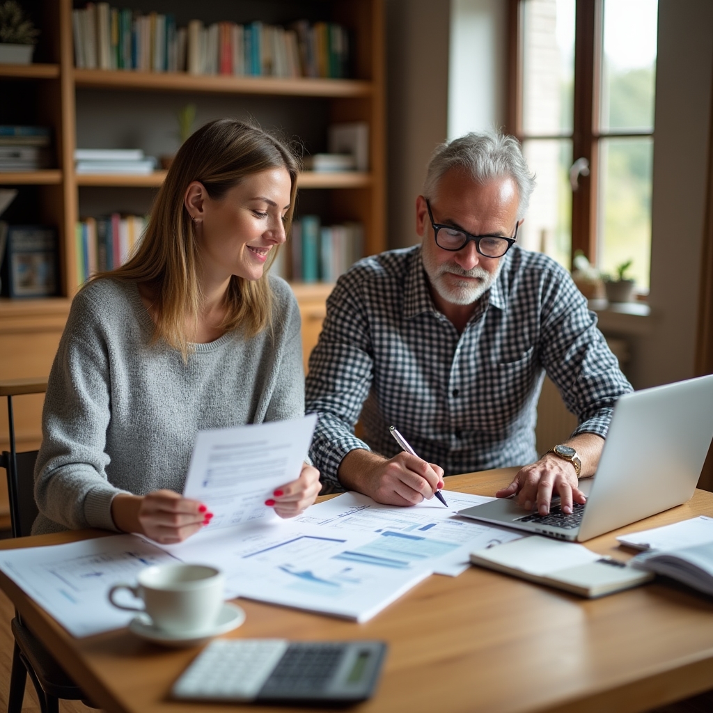 Couple reviewing household finances together at a home office desk with documents