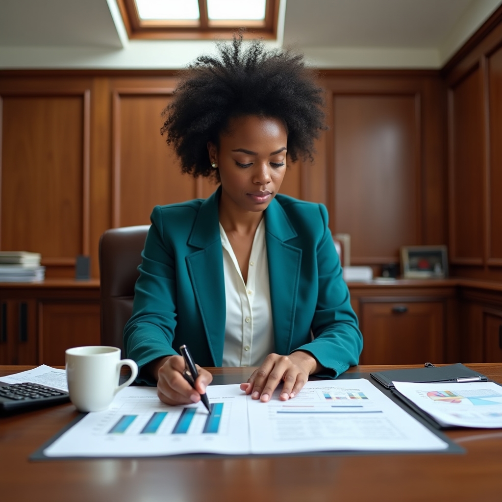 Professional reviewing savings planning documents with charts and a calculator on a wooden desk