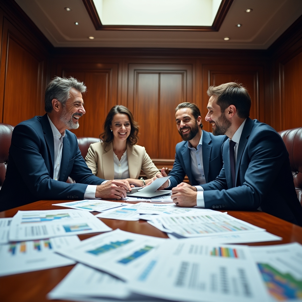 Professional team reviewing financial planning documents at a wooden desk